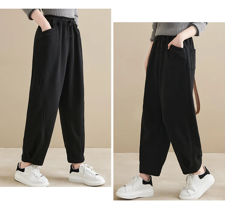 Winter New Trendy Warm Fleece Thick Oversize Loose Casual Trouser Women Solid Color Elastic Waist Versatile Premium Sweatpants