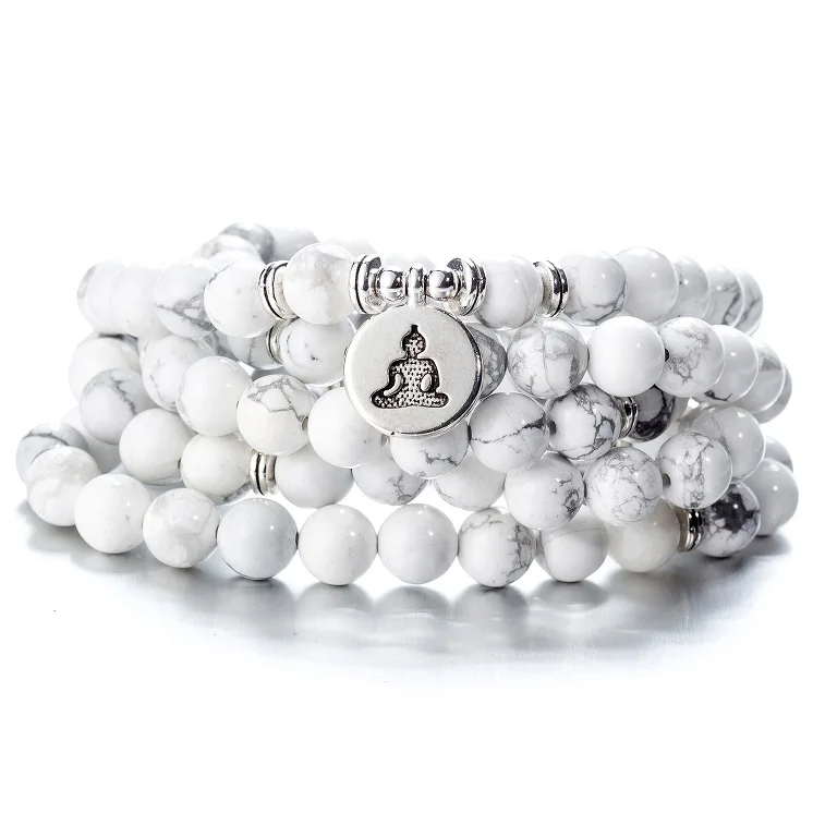 howlite buddha 108 бусы натуральные камни Мала Будда Лотос дерево чакра Йога пара очарованные эластичные браслеты - Окраска металла: howlite buddha