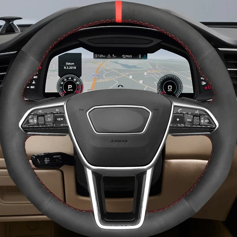

Hand-stitched Car Steering Wheel Cover Black Suede No-slip For Audi A6 (C8) Avant Allroad 2018-2019 A7 (K8) 2018-2019 S7 2019