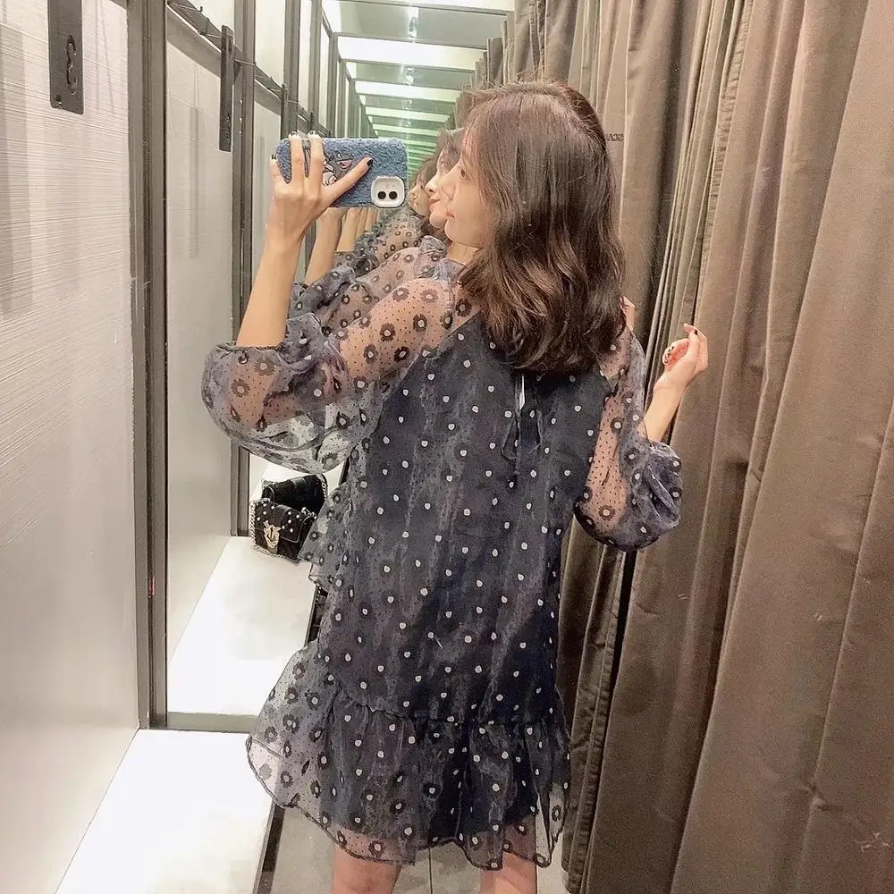 Dave &amp Di весна 2020 английское винтажное платье из органзы в горошек свободные