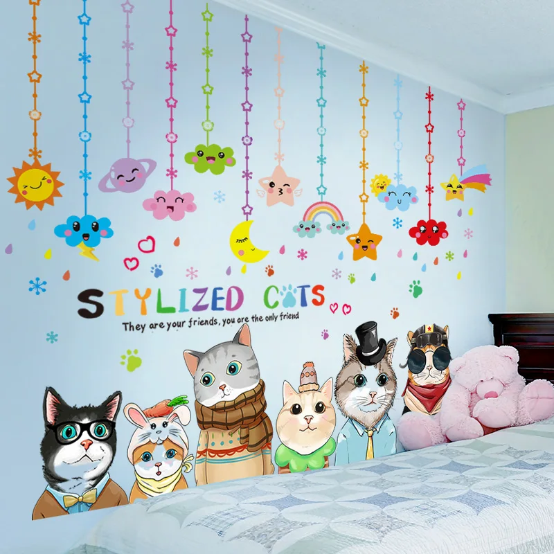 

[shijuekongjian] Cats Animals Wall Stickers DIY Cartoon Clouds Stars Wall Decals for Kids Room Home Children Nursery Decoration