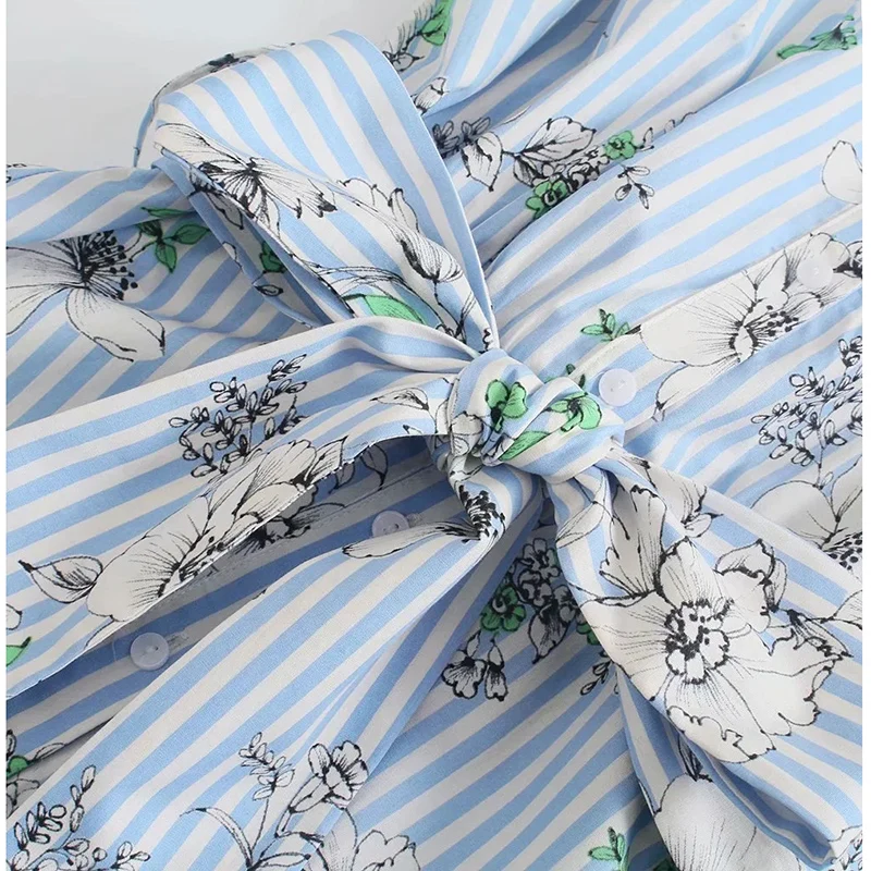 

2021 Summer V- Neck Floral Print Women Light Blue Print Dress Short Sleeve A-line Pleated Long Maxi Dress Female Summer Fashion