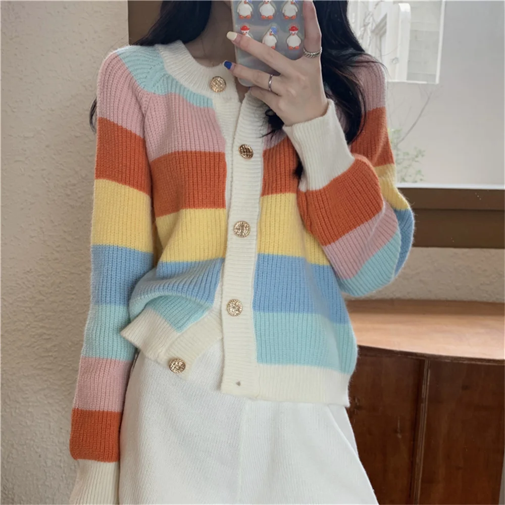 

Rainbow Stripes Knitwear Sweater Femme Warm OL 2021 Sweet Lady Soft Streetwear Autumn All Match Cardigans Tops Coats