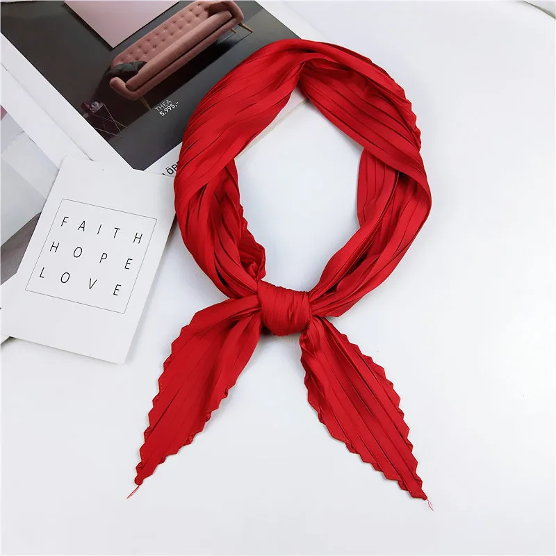 

2020 Women's Small Silk Scarf Crinkle Hair Scarfs Ladies Pleated Twill Stretchy Scarves Foulard Neckerchief Luxury brand RED