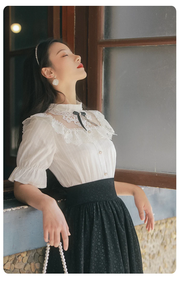 

Korean Fashion Women Outfits 2021 Summer Vintage Lace Bow Flare Sleeve White Shirt Tops & Black Long Skirt Elegant Lady Suits