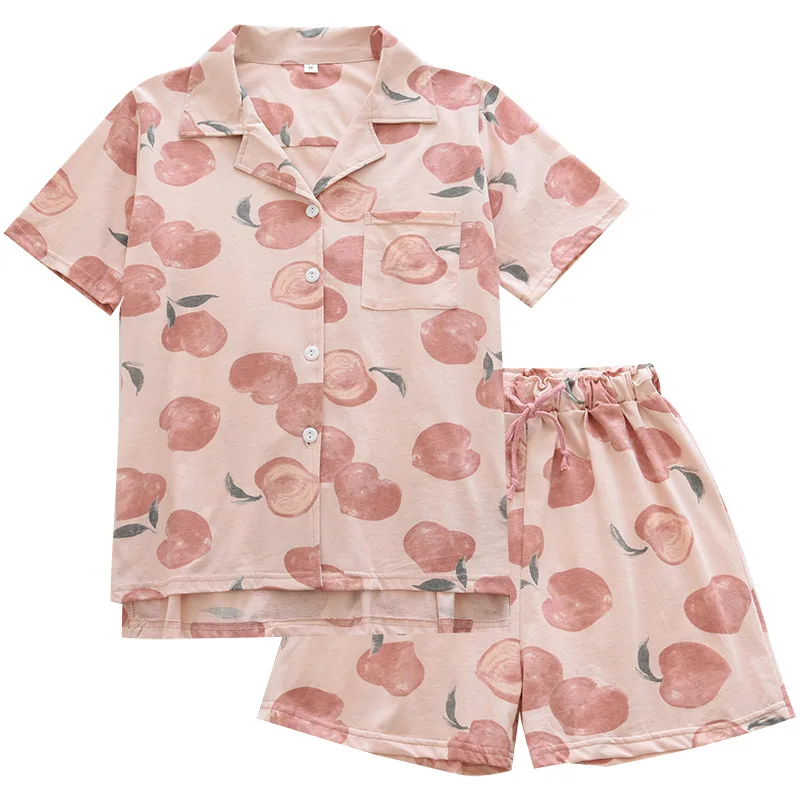 

New 100% Cotton Pajamas For Women Shorts Suit Summer Knitted Sleepwear Cute Peach Printed Homewear Female Pajamas Two Piece Set