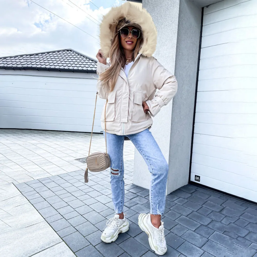 Women's Winter New Artificial Fur Collar Parka Coat Jacket Fashion Hooded Thick Warm Cotton Coat Soft Loose Snow Coat Plus Size