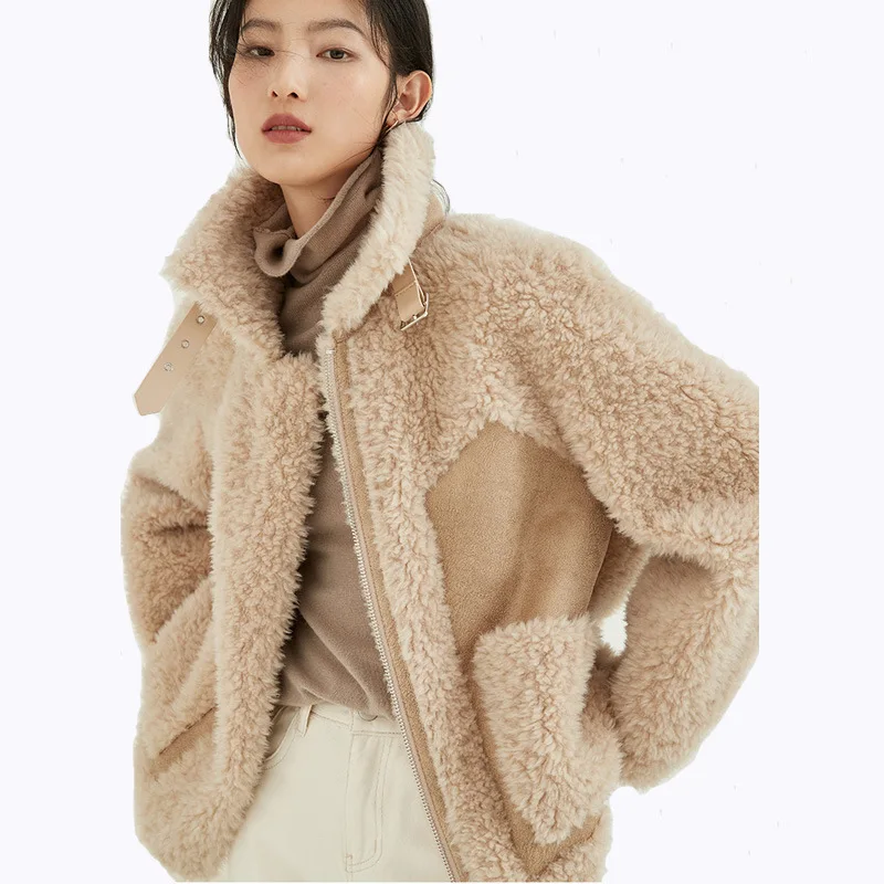 Womens Winter Jacket Fur Coat Lamb Hair Pellet Fur Sheep Coat Short Warm Zipper Turndown Collar Off White Big Pocket Jackets