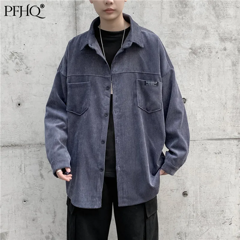 

Вельветовая рубашка PFHQ, мужские пальто с длинным рукавом, новинка осень-зима 2021, универсальные свободные топы с карманами, модные повседнев...