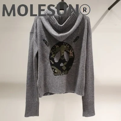 

Gray Cashmere Drawstring Hooded Knitted Cardigan Jacket Zipper Front SIDE POCKETS LONG SLEEVES Elbow STAR Patch