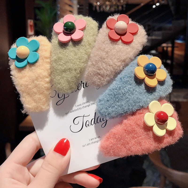 M MISM зимние Плюшевые Цветочные заколки для волос девочек BB зажим модные