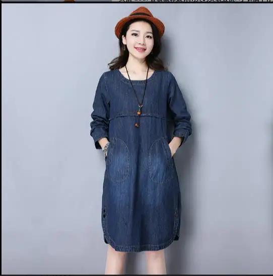 2019 Boho Весна и осень vestidos Для женщин Длинные рукава джинсовые платья с карманами
