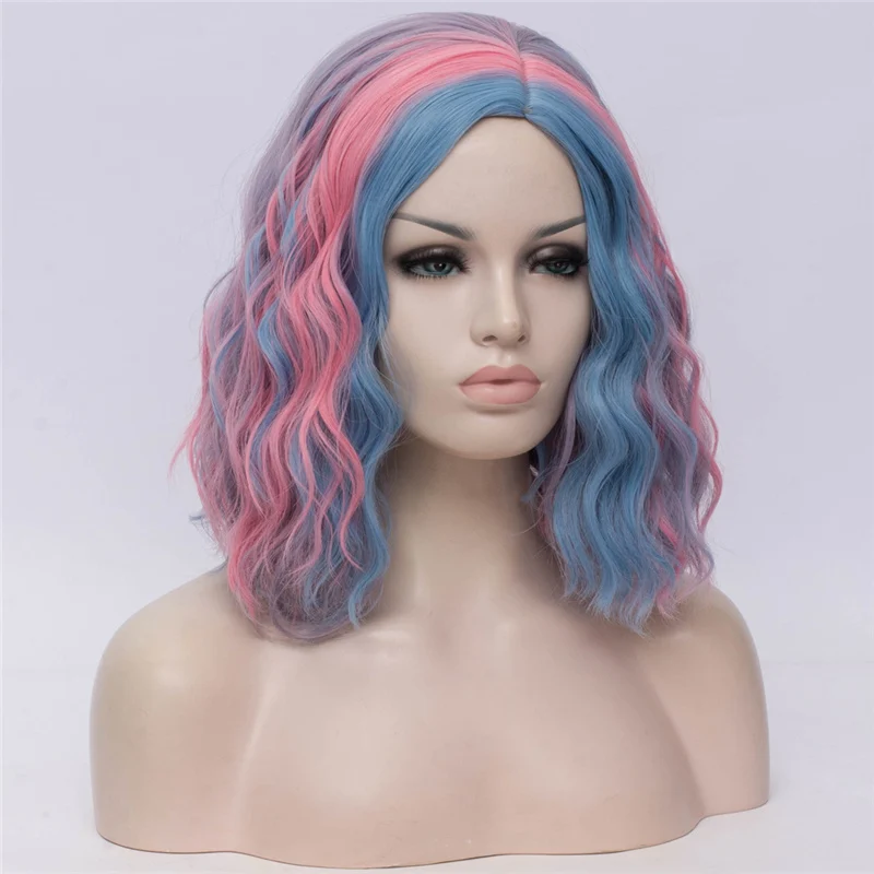 pink blue MSI парики Короткие Косплей парики для женщин цвет радуги волнистые парики сторона Центральная линия волос Cos синтетический розовый чистая Омбре волос - Цвет: pink blue