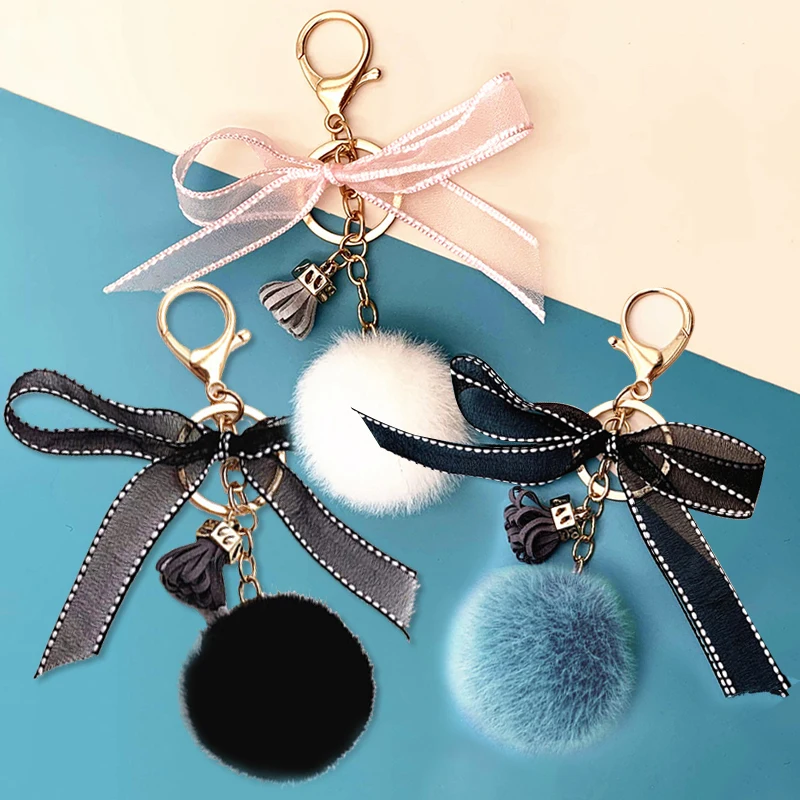 

1PC Plush Keychain PU Tassel With Ribbon Bag Pendant Handmade Gift Fashion Suspension Key Ring Holder Women Key Accessories