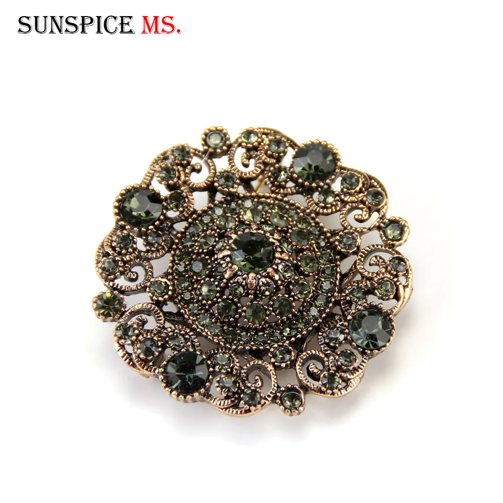 

Sunspicems Turkish Gray Crystal Brooch for Women Retro Gold Color Round Flower Scarf Pins Bohemia Vintage Rhinestone Jewelry