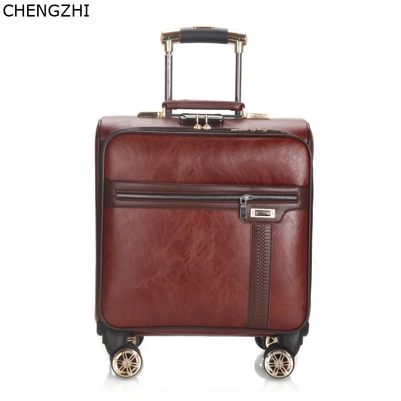 CHENGZHI Vintage Men Business Rolling Luggage Spinner 18inch Cabin Trolley Password Suitcase Wheels PU Leather Travel Bag | Багаж и сумки