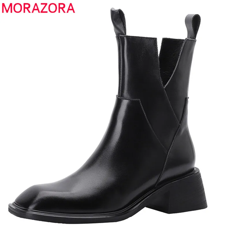 

MORAZORA 2022 New Arrive Black Genuine Leather Shoes Women Chelsea Boots Square Toe Thick Heels Autumn Winter Ankle Boots