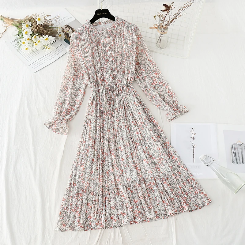 

Floral Printed Chiffon Pleated Dress Women Autumn Spring Long-Sleeved Lotus leaf collar High Waist Long Dresses Female Vestidos