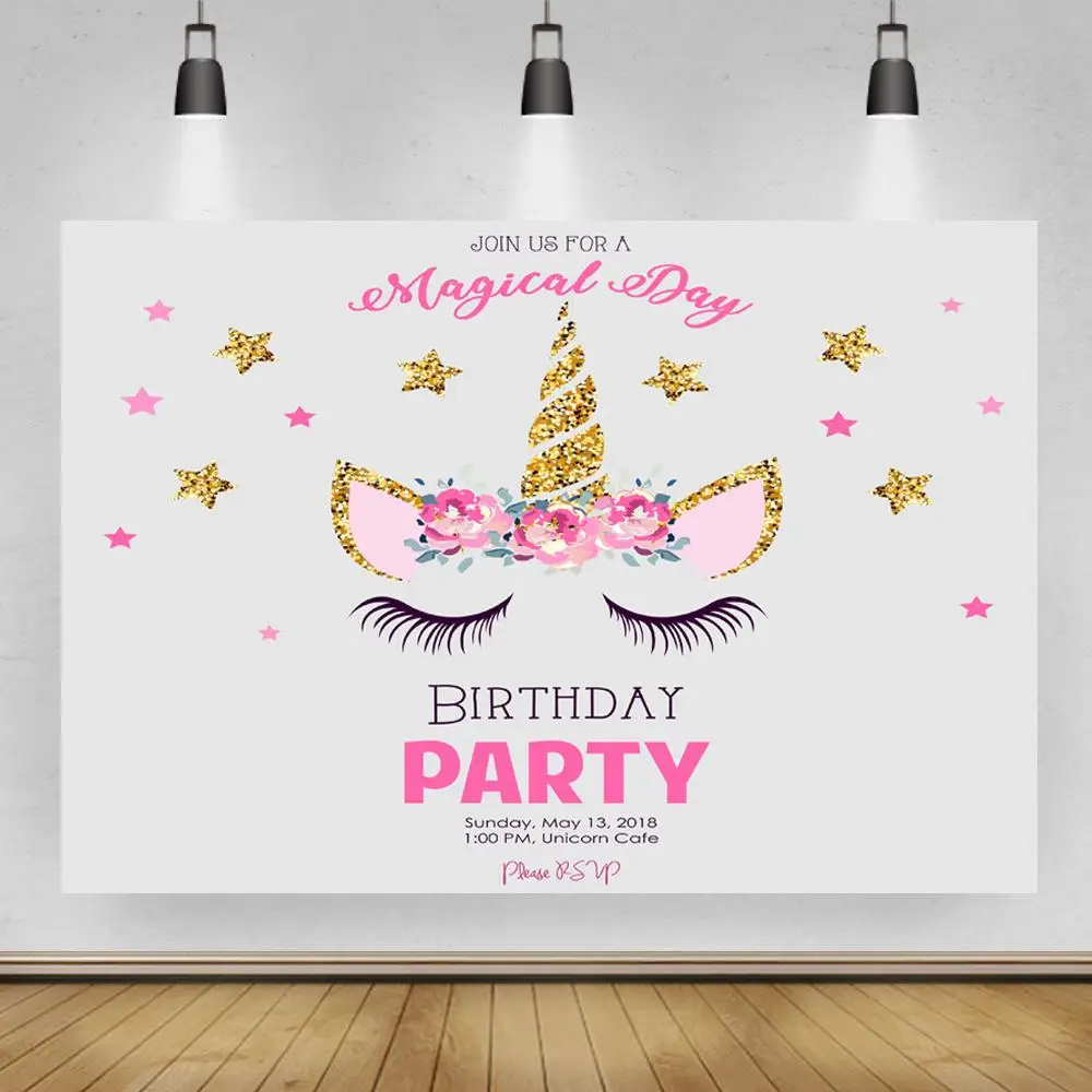 

Magical Day Birthday Party Backdrop Photography Pink Flowers Unicorn Golden Stars Eyelash Pattern Table Background Decor
