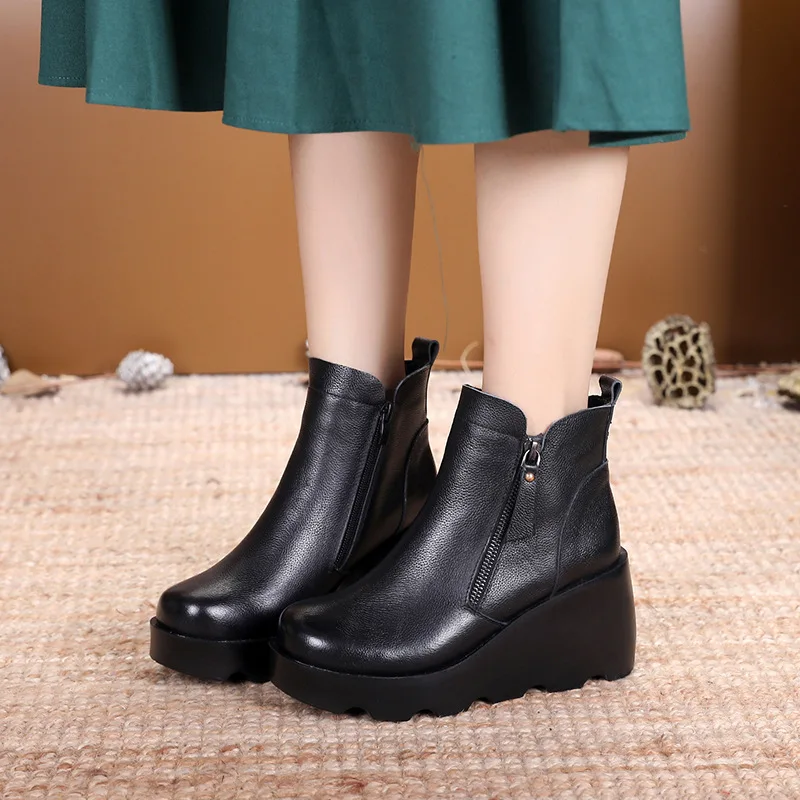 

Genuine Leather Ankle Boots For Women Ladies Winter Shoes High Heel Platform Wedges Black 2019 New Design Free Shipping