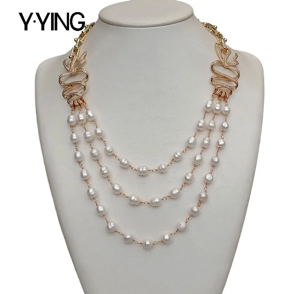 

Y·YING 3 Strands Freshwater Cultured White Rice Pearl gold color plated chain Necklace Cubic Zirconia Pave Connector 20"