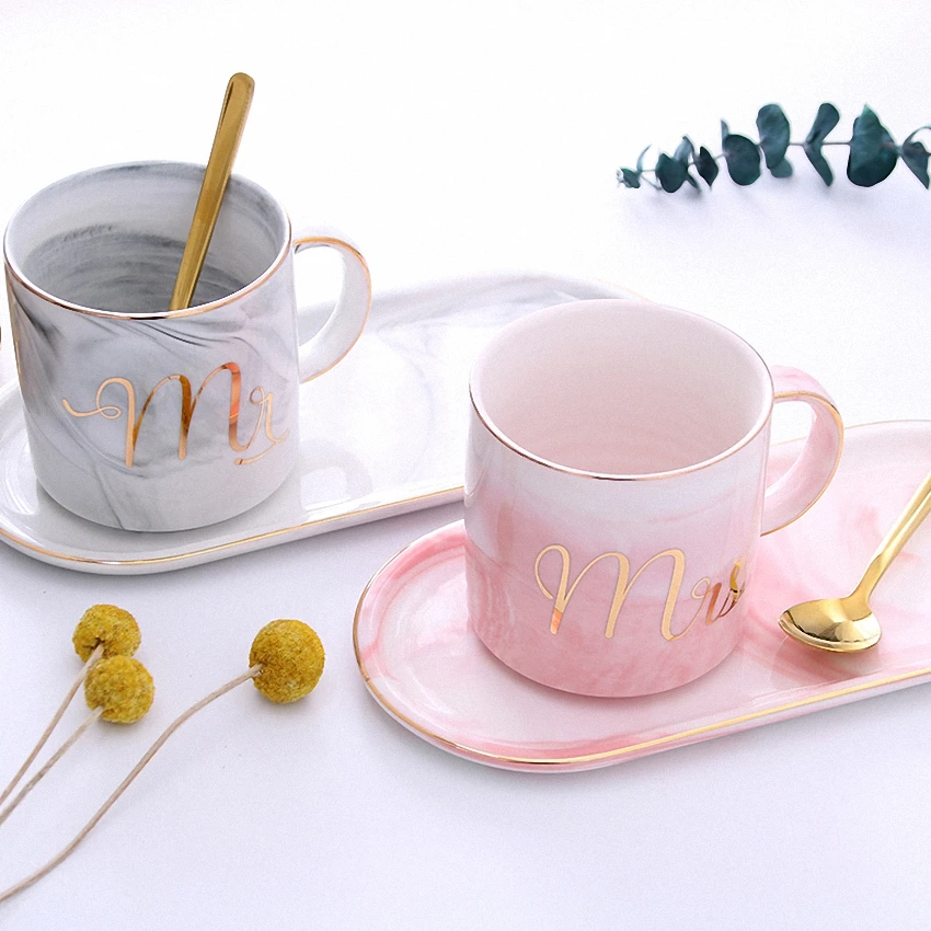 Marble Ceramic Mug Handpainted Gold Monogram Natural Marble Porcelain Coffee Mug Pink Gold Inlay Cup Creative Wedding Gift