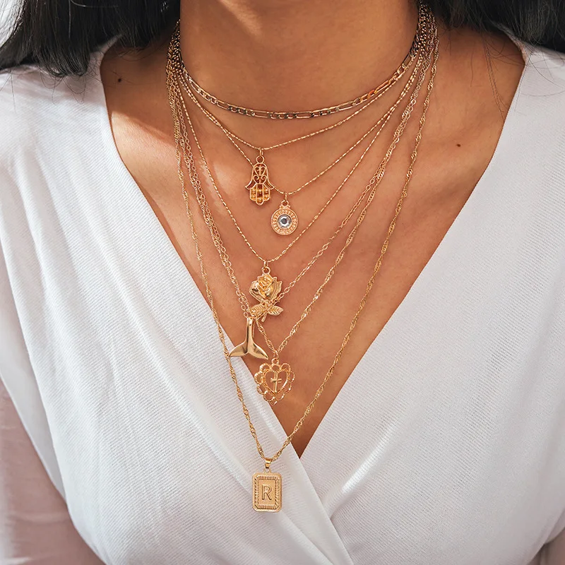 

Bohemia Trendy 7 layers Choker Crystal Rose Coins Charms Alloy shell Pendant Multi-layer Necklace Women Party Wedding