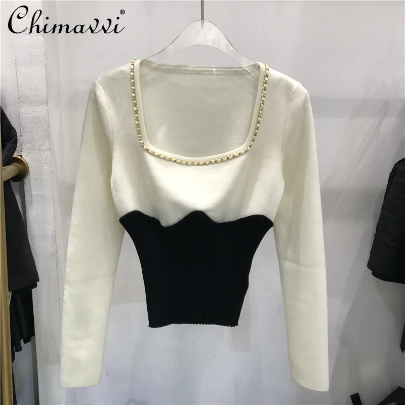 

Fashion Colorblock Slim-Fit Knitwear Women 2022 Spring Clothes New Chain Square Collar Long Sleeve Pullover Bottoming Sweater
