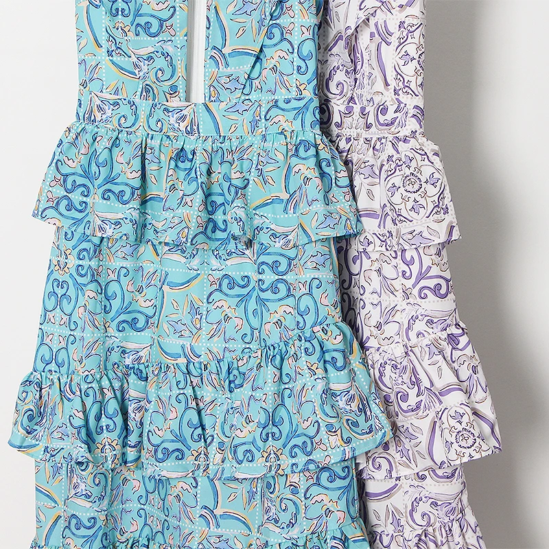 

SISPELL Print Hit Color Dresses For Female O Neck Sleeveless High Waist Slimming Patchwork Ruffle Hollow Out Women's Dress 2021