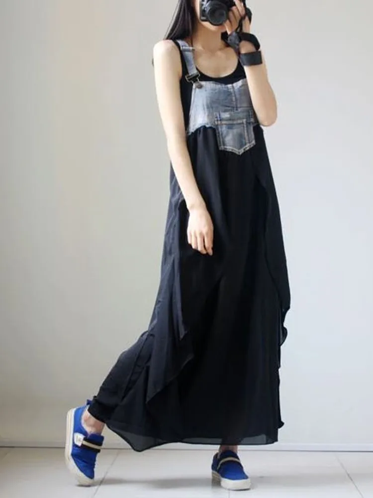 

2021 Summer New Loose plus Size Extra Large Size Suspender Vest Dress Denim Chiffon Patchwork Suspender Dress