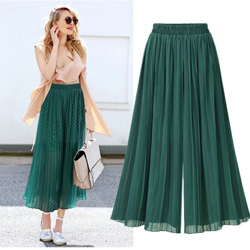 Эластичные плиссированные шифоновые расклешенные брюки с высокой талией