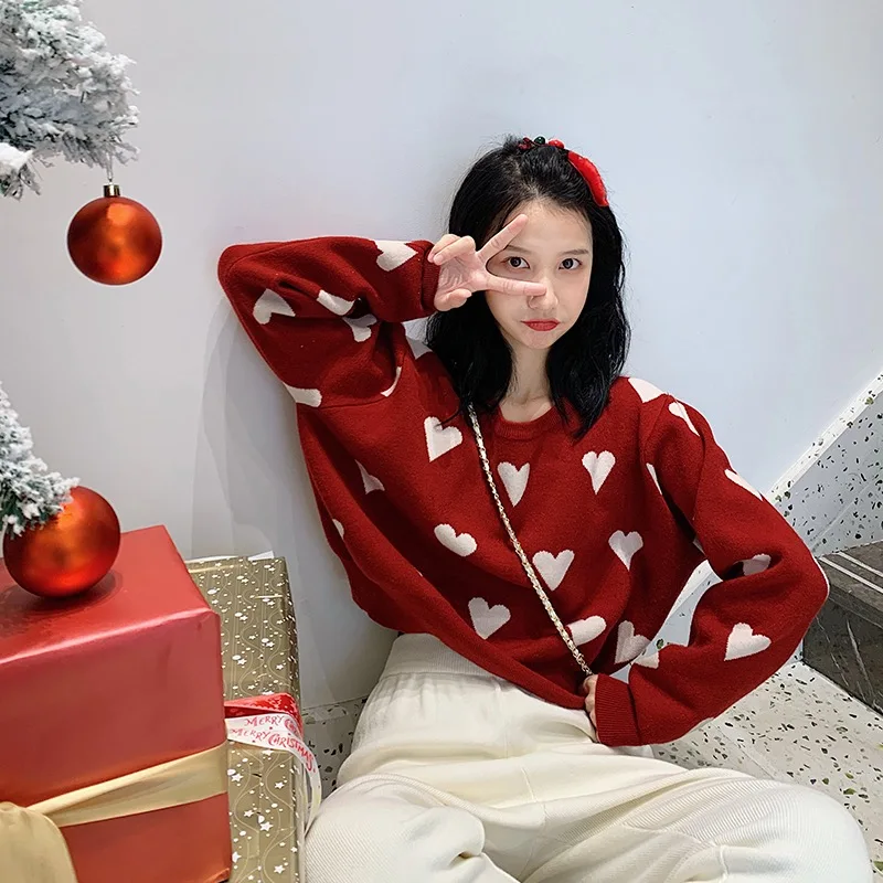 

Новинка 2021, лидер продаж, зимний женский свитер, милый Свободный вязаный пуловер с принтом сердечек, пуловеры с длинным рукавом, мешковатая ...