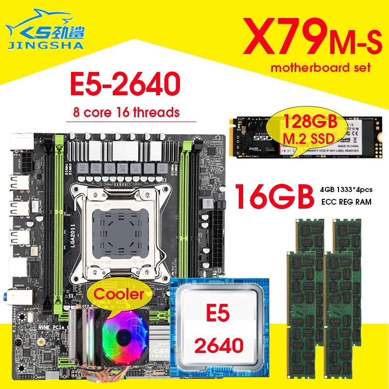 Billig X79 Motherboard LGA2011 E5 2640 CPU 4 Stücke X 4GB = 16GB DDR3 1333Mhz 10600 ECC REG Speicher Set 128GB M.2 SSD Mit Kühler Combos