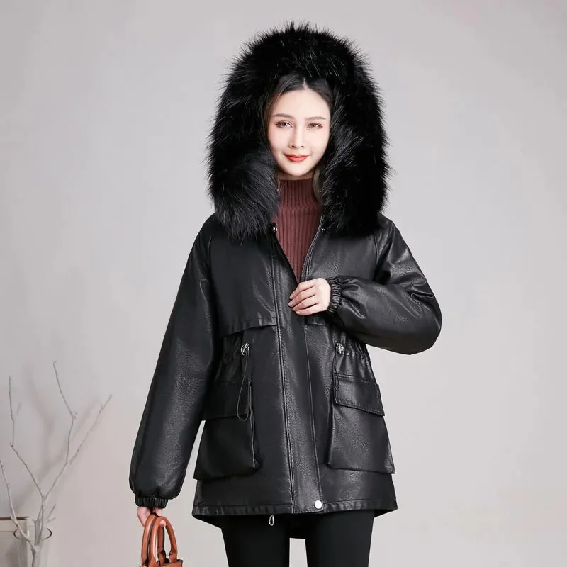 Large Fur Collar Plus Velvet Leather Cotton Coat In The Long Section 2021 New Style Fashionable Leather Coat Winter Jacket Women