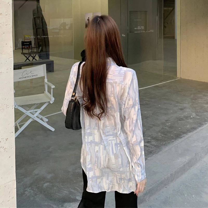 

Korean Style Tie-dye Shirts Women 2021 New Loose Shirt Female See Through Turn-Down Collar Button Down Tops Blouse Girls