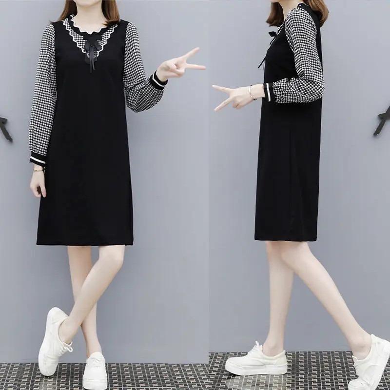 

Women's Spring Autumn Dress Women's V-Neck Bow Long Sleeve Plaid Patchwork Elegant Casual Dress AA3253