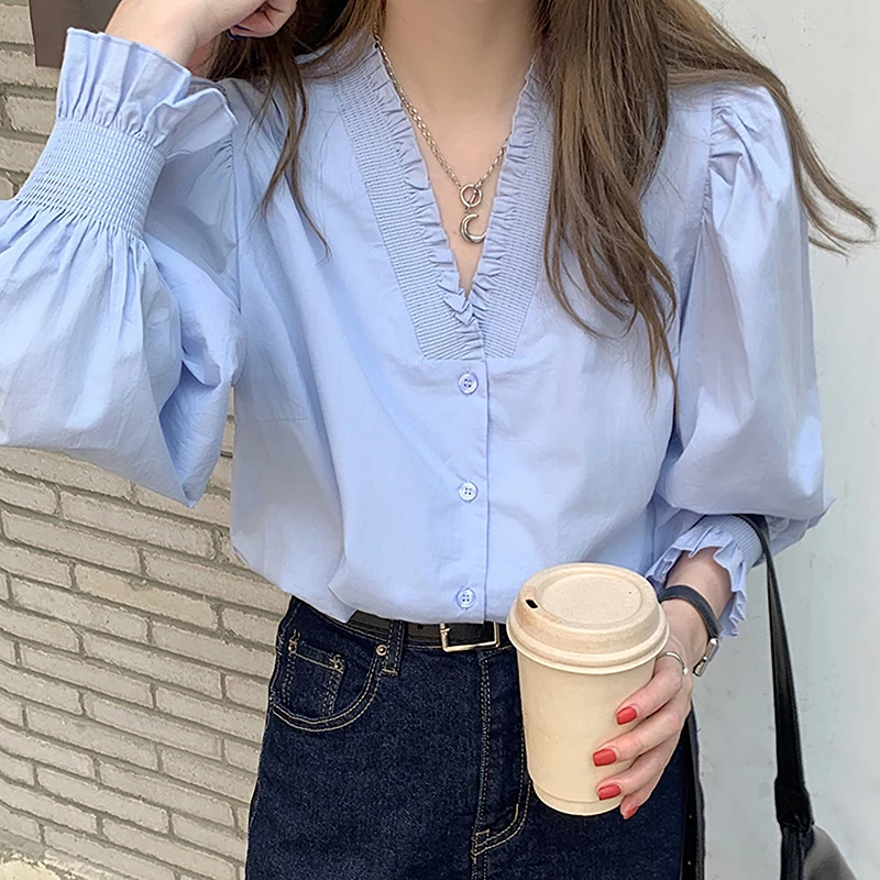 

Vintage Spring Autumn Women Solid V-Neck Shirts Female Full Puff Sleeve Tops Blouses Loose Casual Office Shirt Blusas 2022 WB137
