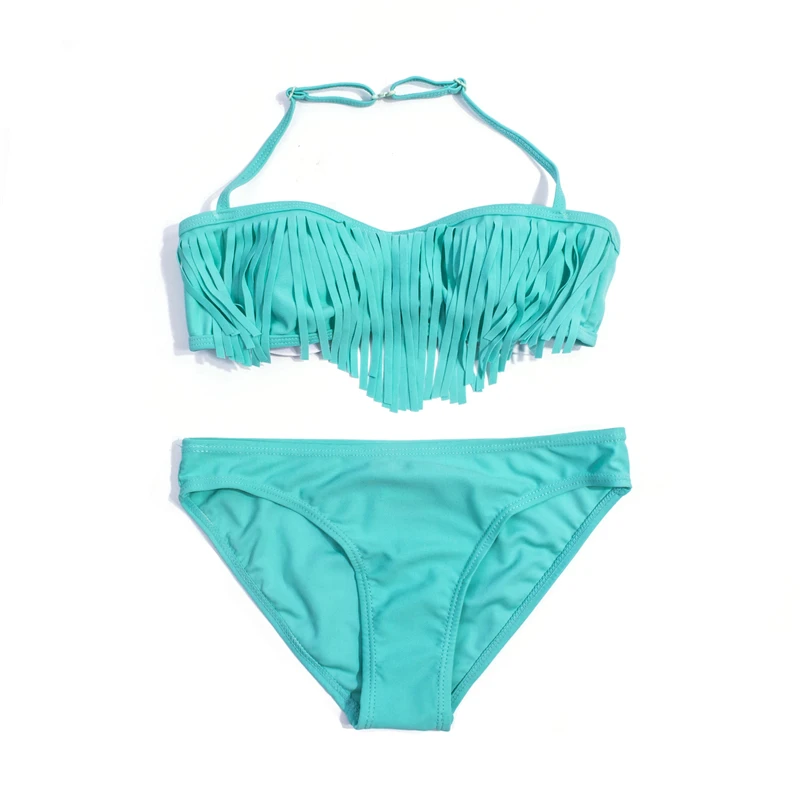 

9-16 Years Girls Bikini 2020 New Tassel Girls Swimsuit Kids Swimwear Solid Bikinis Bathing Suit Biquini Infantil 104