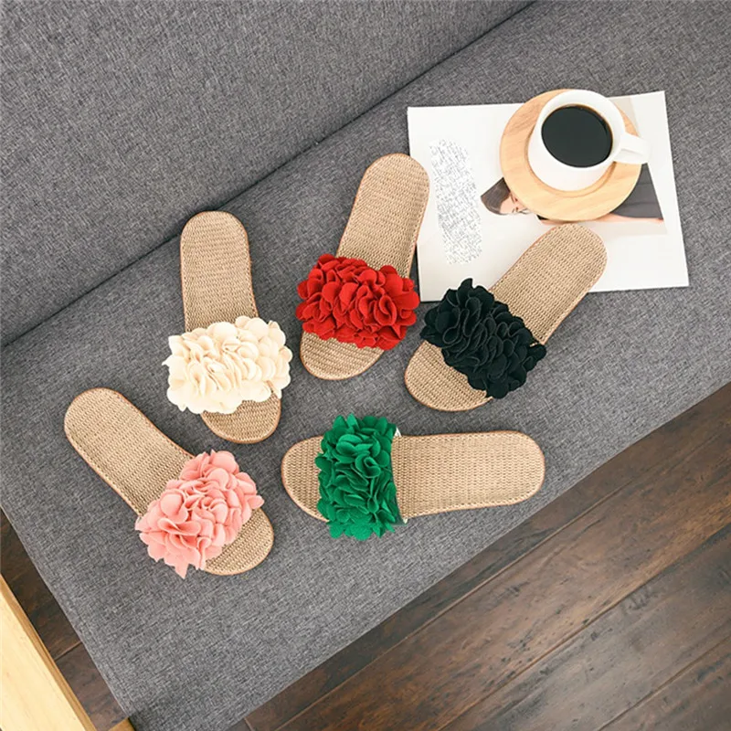 Летние льняные тапочки женская домашняя обувь с бантом и цветами Вьетнамки