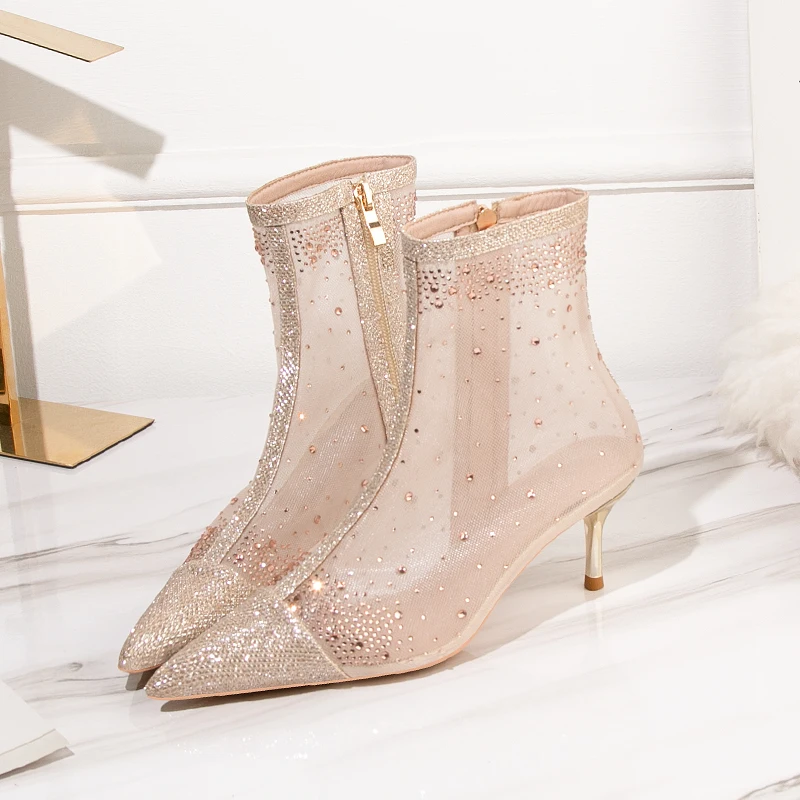

Spring Women Shoes Ankle Chelsea Sandals Boots Sequins Zipper Thin Heels Pointed Toe Mesh Black Size 34-41 2020 Fashion Crystal