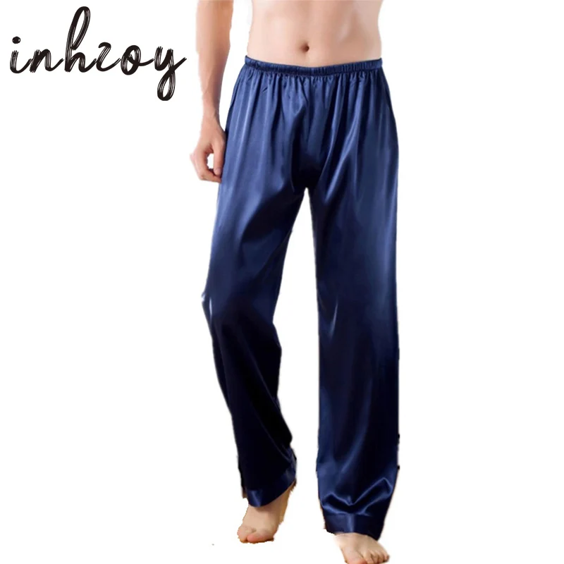 

Adult Elastic Waistband Satin Pajama Pants Comfy Sleepwear Men Loungewear Sleep Bottoms Male Solid Color Homewear Loose Trousers
