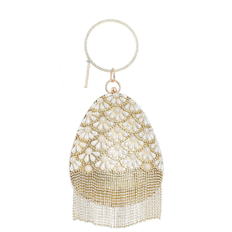 

Gold Evening Bags Plastic Pearl Rhinestone Circle Ring Handbags Ladies Elegant Shell Clutches Tassel Clutch Bags Women Pouch