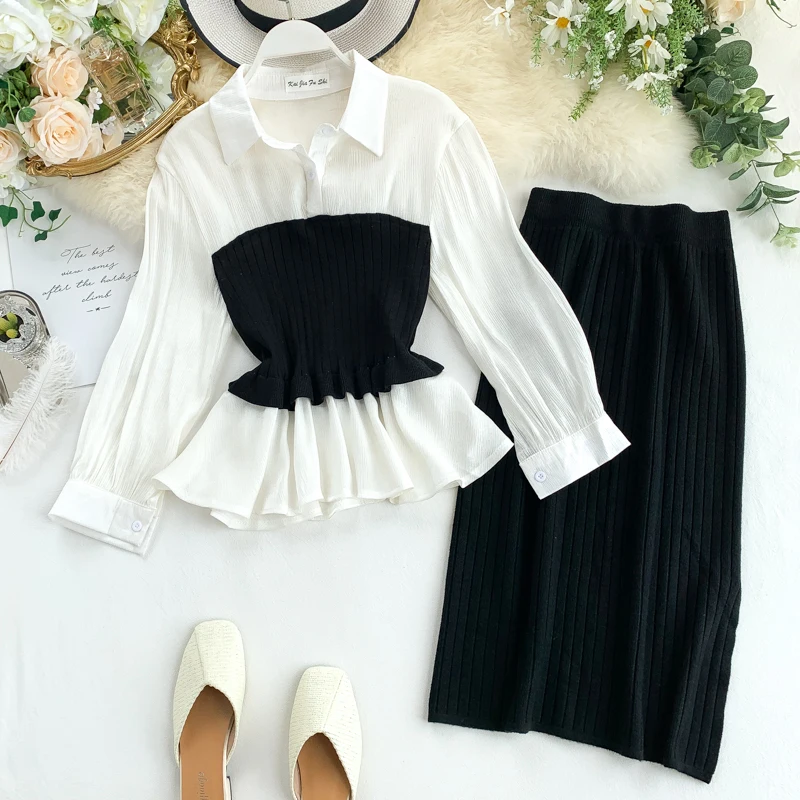 Chic Two-piece Sets Autumn New 2019 Women's Long Sleeve Stitched Knitted Shirts + High Waist Skirts Suits J661 |