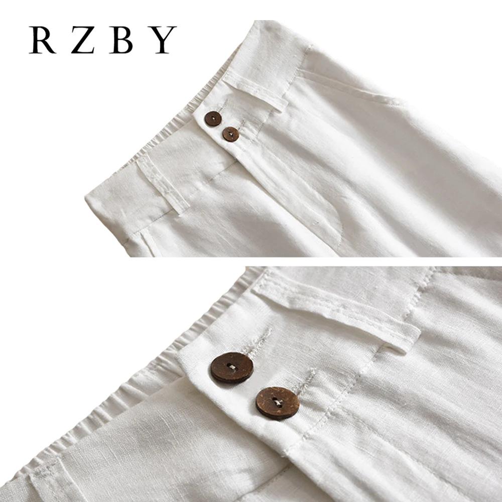 Брюки женские прямые с карманами модные повседневные длинные льняные свободные