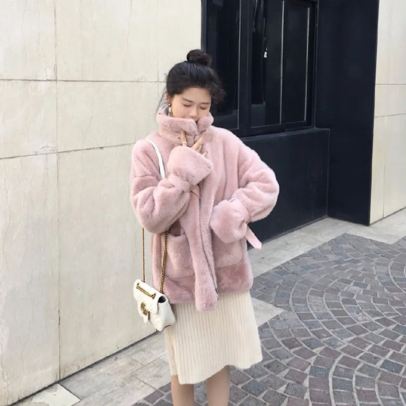 

2019 New Winter Faux Fur Coat Thick Loose Warm Hairy Jacket Fashion Outwear Mink Fur Coat Collar Mink