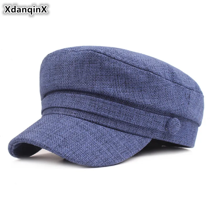 

XdanqinX Men's Flat Caps Simple Fashion Women Army Military Hats New Vintage Trend Cotton Linen Couple Navy Hat Snapback Cap