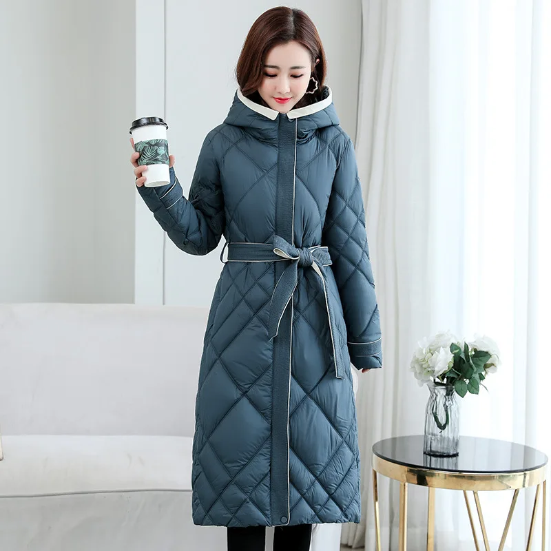 

Fdfklak rhombus printed cotton padded long winter coat female Casual pocket sash women parkas hooded jacket stylish overcoat