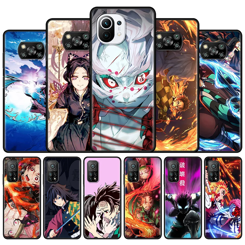 

Demon Slayer Kimetsu No Yaiba Phone Case for Xiaomi Poco X3 NFC M3 Pro Pocophone F1 F3 GT Luxury Black Silicone Soft Cover