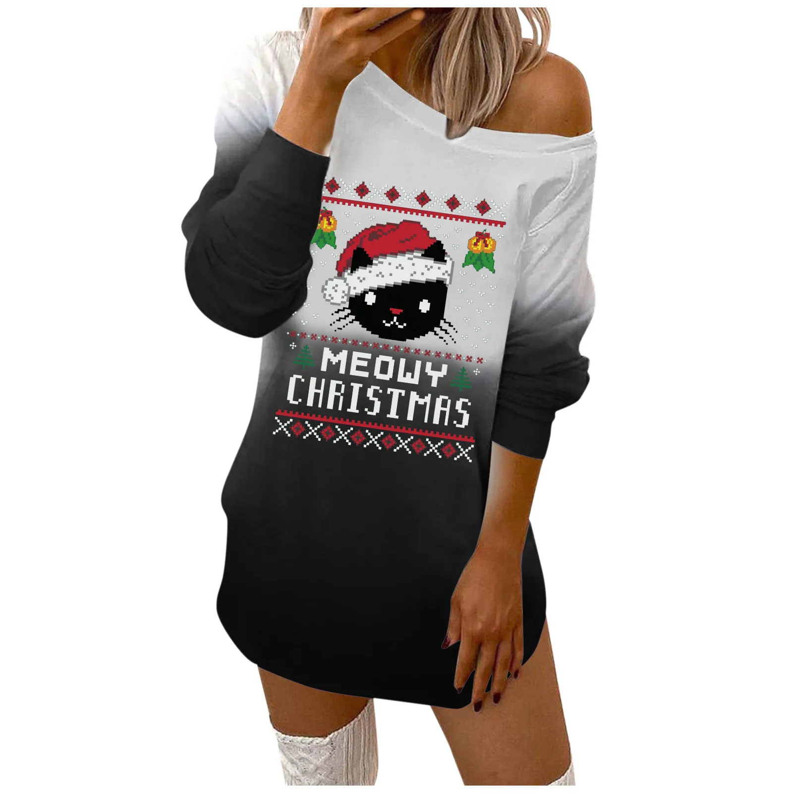 

Fashion Women's Hoodies Dress Casual Merry Christmas Prints O-Neck Female Sweatshirts Off-Shoulder Long Sleeves Girl Sweatshirts