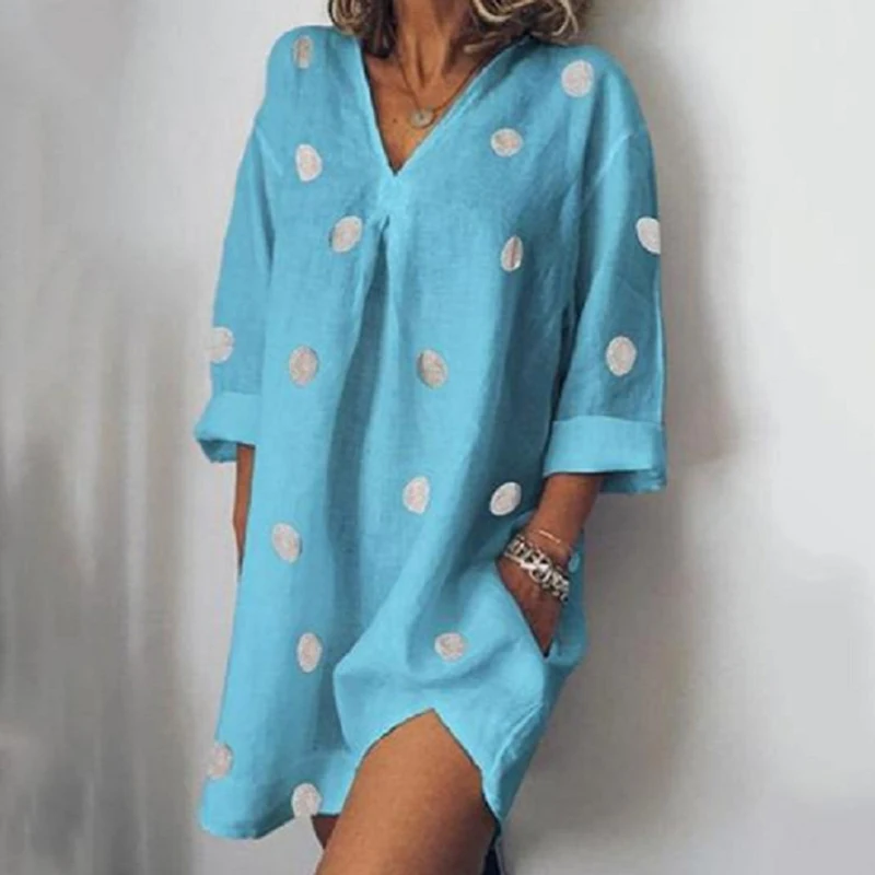 

Summer Women Dot Print Long Shirt Tops 2021 Spring V Neck Long Sleeves Vingtage Blouse Loose Elegant Office Lady Blusa Mujer 3XL